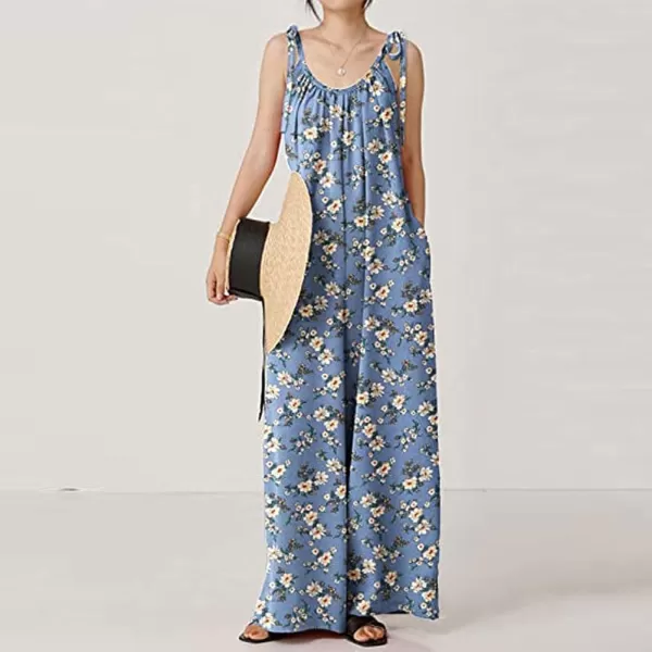 imagechouyatou Womens Tie Knot Strap Floral Print Wide Leg Baggy Jumpsuit Romper Overall Pants with PocketsBlue
