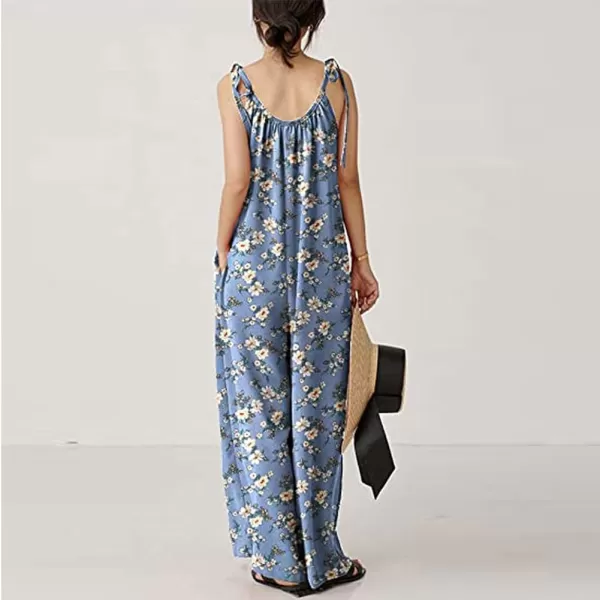 imagechouyatou Womens Tie Knot Strap Floral Print Wide Leg Baggy Jumpsuit Romper Overall Pants with PocketsBlue