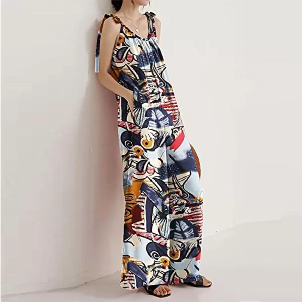 imagechouyatou Womens Tie Knot Strap Floral Print Wide Leg Baggy Jumpsuit Romper Overall Pants with PocketsNavy Blue