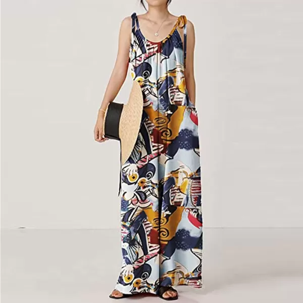 imagechouyatou Womens Tie Knot Strap Floral Print Wide Leg Baggy Jumpsuit Romper Overall Pants with PocketsNavy Blue