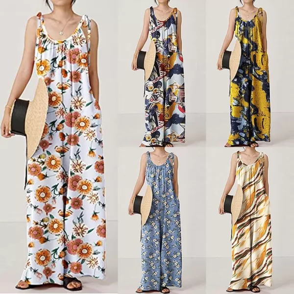 imagechouyatou Womens Tie Knot Strap Floral Print Wide Leg Baggy Jumpsuit Romper Overall Pants with PocketsWhite