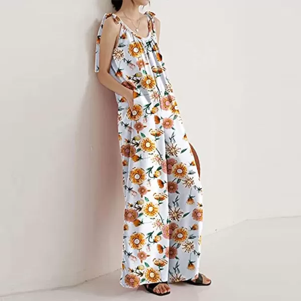 imagechouyatou Womens Tie Knot Strap Floral Print Wide Leg Baggy Jumpsuit Romper Overall Pants with PocketsWhite
