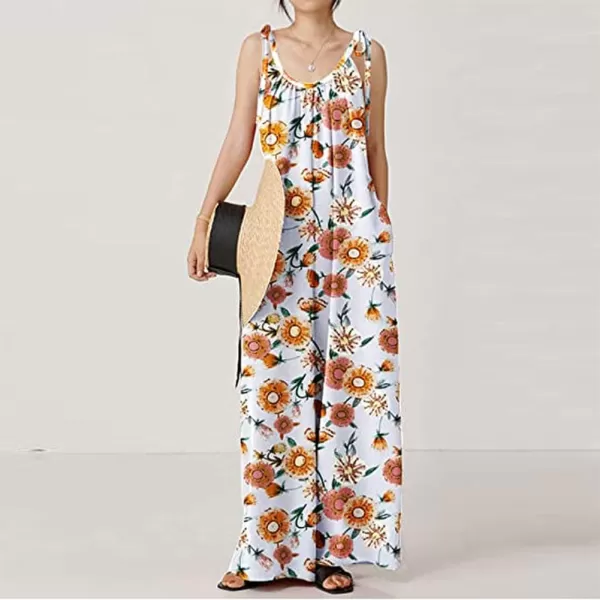 imagechouyatou Womens Tie Knot Strap Floral Print Wide Leg Baggy Jumpsuit Romper Overall Pants with PocketsWhite