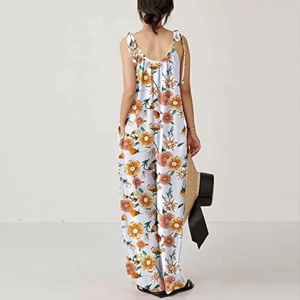 imagechouyatou Womens Tie Knot Strap Floral Print Wide Leg Baggy Jumpsuit Romper Overall Pants with PocketsWhite