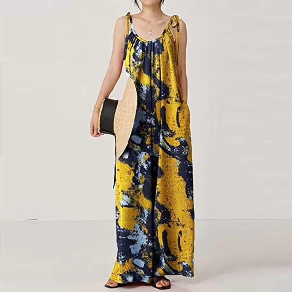 imagechouyatou Womens Tie Knot Strap Floral Print Wide Leg Baggy Jumpsuit Romper Overall Pants with PocketsYellow