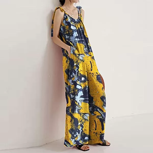 imagechouyatou Womens Tie Knot Strap Floral Print Wide Leg Baggy Jumpsuit Romper Overall Pants with PocketsYellow