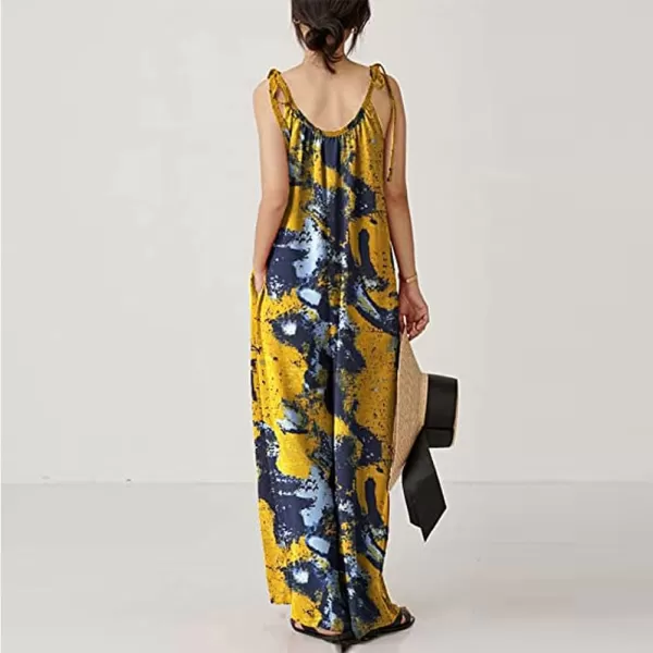 imagechouyatou Womens Tie Knot Strap Floral Print Wide Leg Baggy Jumpsuit Romper Overall Pants with PocketsYellow