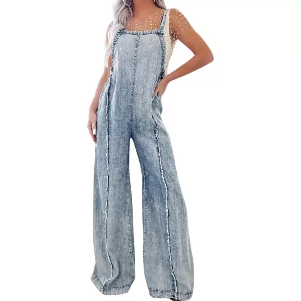 imagechouyatou Womens Casual Adjustable Strap Denim Jumpsuit Distressed Elastic Waist Overalls Jeans PantsAcidwash Blue