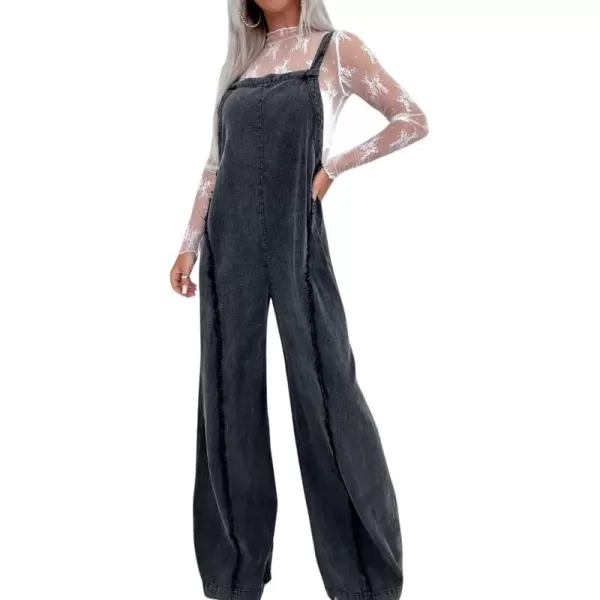 imagechouyatou Womens Casual Adjustable Strap Denim Jumpsuit Distressed Elastic Waist Overalls Jeans PantsBlack