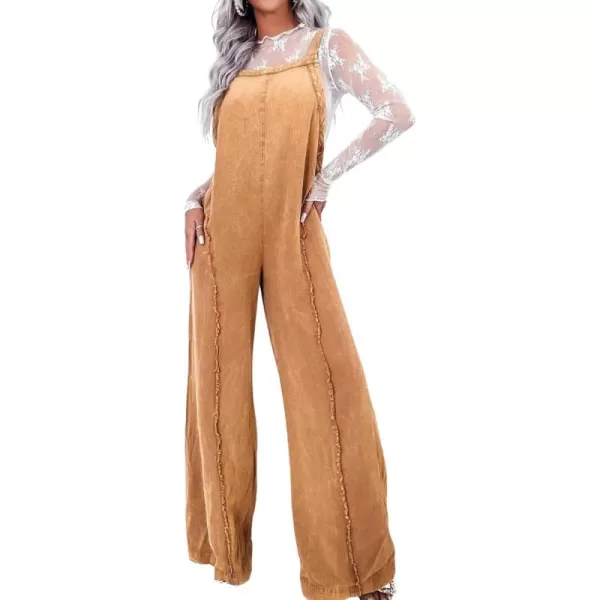 imagechouyatou Womens Casual Adjustable Strap Denim Jumpsuit Distressed Elastic Waist Overalls Jeans PantsEarth Yellow