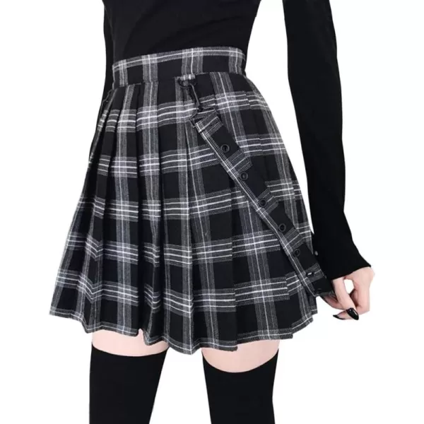 imagechouyatou Womens Cool Sweet ALine Decorative Strap Plaid Pleated Mini SkirtBlack