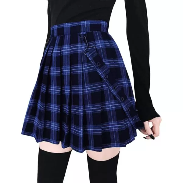 imagechouyatou Womens Cool Sweet ALine Decorative Strap Plaid Pleated Mini SkirtBlue