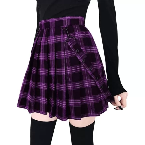 imagechouyatou Womens Cool Sweet ALine Decorative Strap Plaid Pleated Mini SkirtPurple