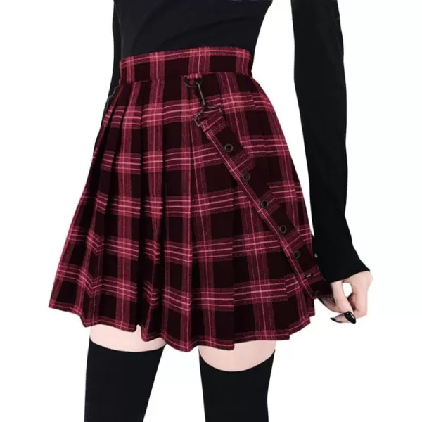 imagechouyatou Womens Cool Sweet ALine Decorative Strap Plaid Pleated Mini SkirtRed