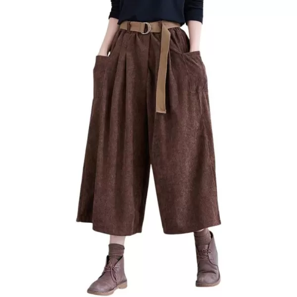imagechouyatou Womens High Elastic Waisted Wide Leg Cropped Corduroy Capri Pants Culottes with BeltBrown