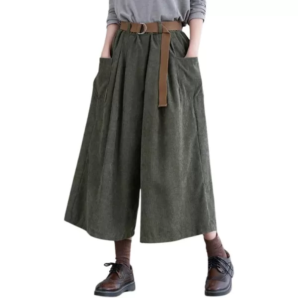 imagechouyatou Womens High Elastic Waisted Wide Leg Cropped Corduroy Capri Pants Culottes with BeltDark Green