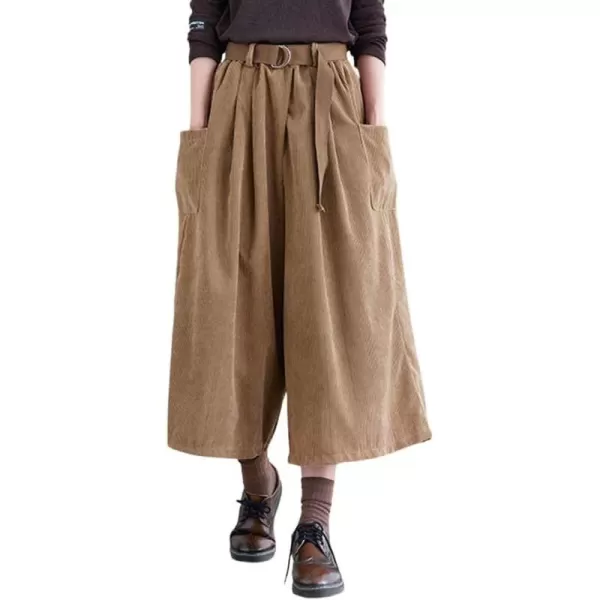 imagechouyatou Womens High Elastic Waisted Wide Leg Cropped Corduroy Capri Pants Culottes with BeltKhaki