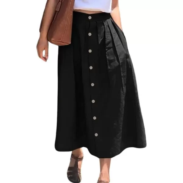 imagechouyatou Womens High Waisted Button Front Skirt ALine Pleated Cotton Midi Long Skirt with PocketsBlack