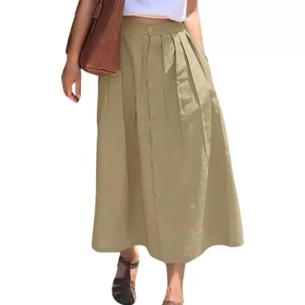 imagechouyatou Womens High Waisted Button Front Skirt ALine Pleated Cotton Midi Long Skirt with PocketsKhaki