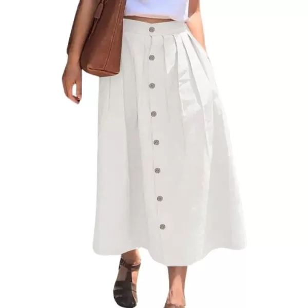 imagechouyatou Womens High Waisted Button Front Skirt ALine Pleated Cotton Midi Long Skirt with PocketsWhite