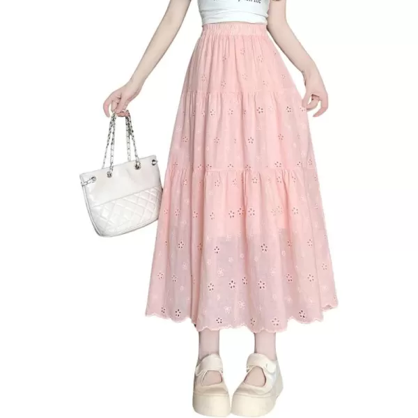 imagechouyatou Womens Lace Embroidery Eyelet Boho Skirt High Elastic Waisted Flowy Swing Midi Long SkirtPink