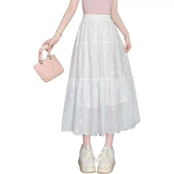 imagechouyatou Womens Lace Embroidery Eyelet Boho Skirt High Elastic Waisted Flowy Swing Midi Long SkirtWhite