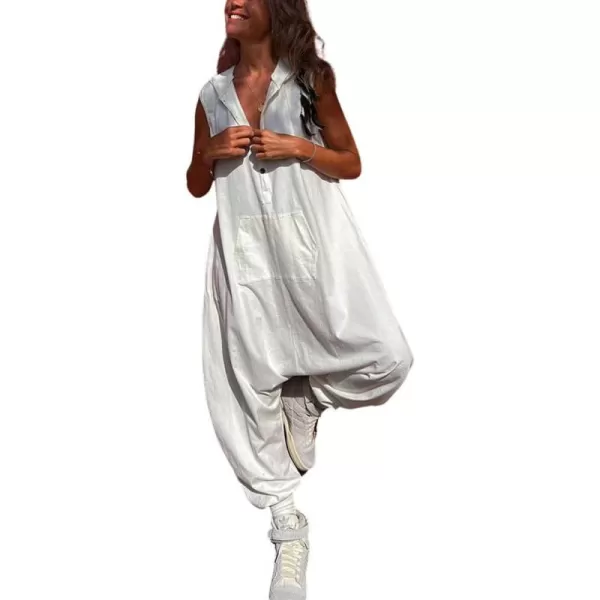 imagechouyatou Womens Sleeveless Hooded Jumpsuit Button Up Drop Crotch Tapered Leg Hoodie Overall PantsWhite