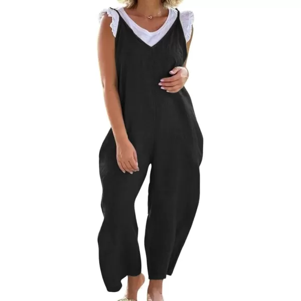 imagechouyatou Womens Summer Spaghetti Strap Harem Jumpsuits Casual Loose Linen Overalls Rompers PantsBlack