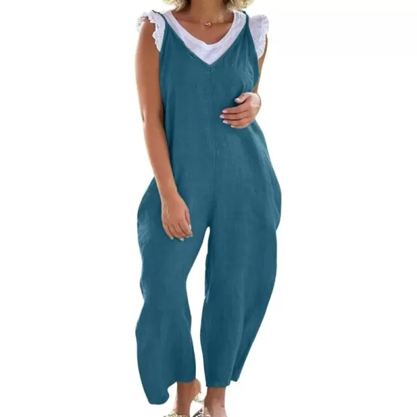 imagechouyatou Womens Summer Spaghetti Strap Harem Jumpsuits Casual Loose Linen Overalls Rompers PantsBlue