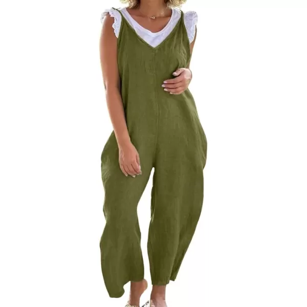 imagechouyatou Womens Summer Spaghetti Strap Harem Jumpsuits Casual Loose Linen Overalls Rompers PantsGreen