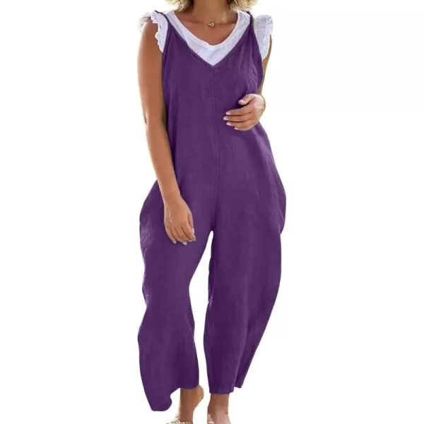 imagechouyatou Womens Summer Spaghetti Strap Harem Jumpsuits Casual Loose Linen Overalls Rompers PantsPurple