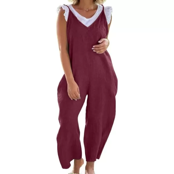 imagechouyatou Womens Summer Spaghetti Strap Harem Jumpsuits Casual Loose Linen Overalls Rompers PantsWine Red