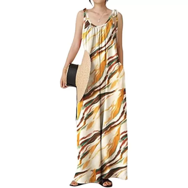 imagechouyatou Womens Tie Knot Strap Floral Print Wide Leg Baggy Jumpsuit Romper Overall Pants with PocketsApricot