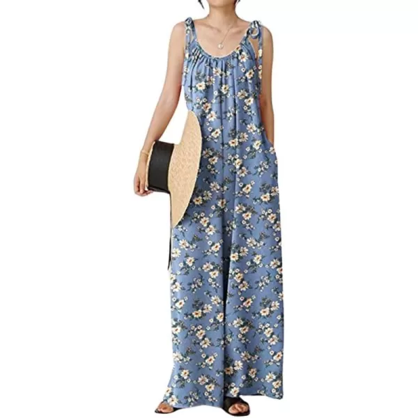 imagechouyatou Womens Tie Knot Strap Floral Print Wide Leg Baggy Jumpsuit Romper Overall Pants with PocketsBlue