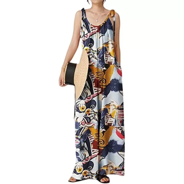 imagechouyatou Womens Tie Knot Strap Floral Print Wide Leg Baggy Jumpsuit Romper Overall Pants with PocketsNavy Blue