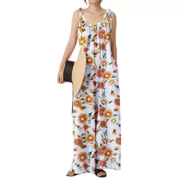 imagechouyatou Womens Tie Knot Strap Floral Print Wide Leg Baggy Jumpsuit Romper Overall Pants with PocketsWhite