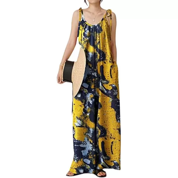 imagechouyatou Womens Tie Knot Strap Floral Print Wide Leg Baggy Jumpsuit Romper Overall Pants with PocketsYellow