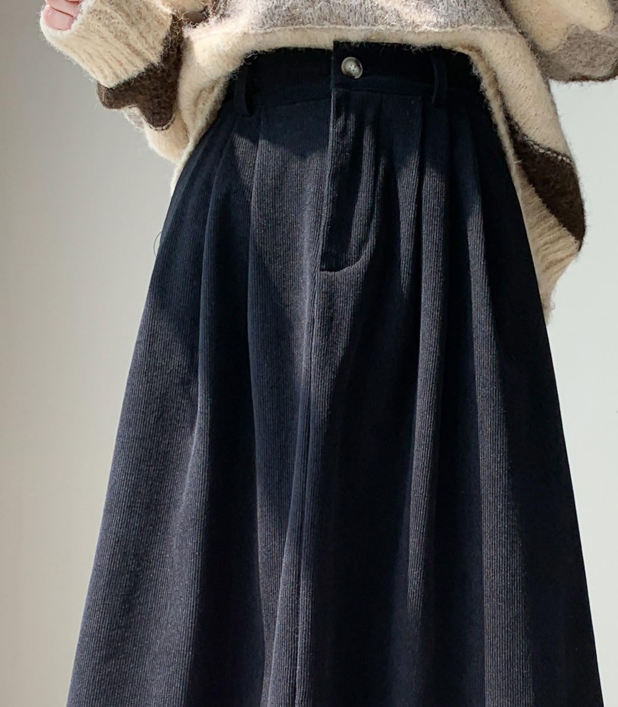 imagechouyatou Womens Vintage Corduroy A Line Skirt High Elastic Waist Pleated Swing Midi Long Skirt with PocketsBlack