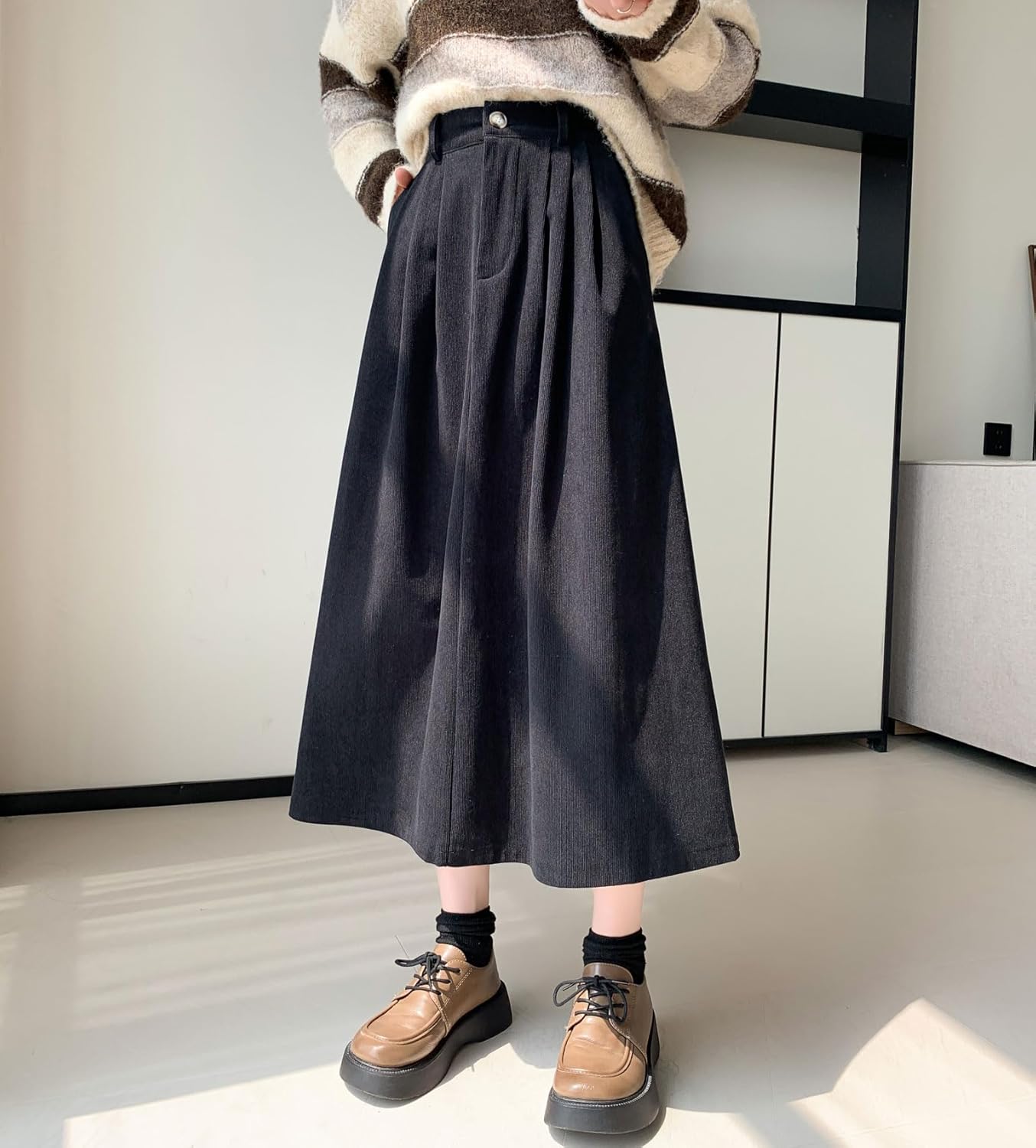 imagechouyatou Womens Vintage Corduroy A Line Skirt High Elastic Waist Pleated Swing Midi Long Skirt with PocketsBlack