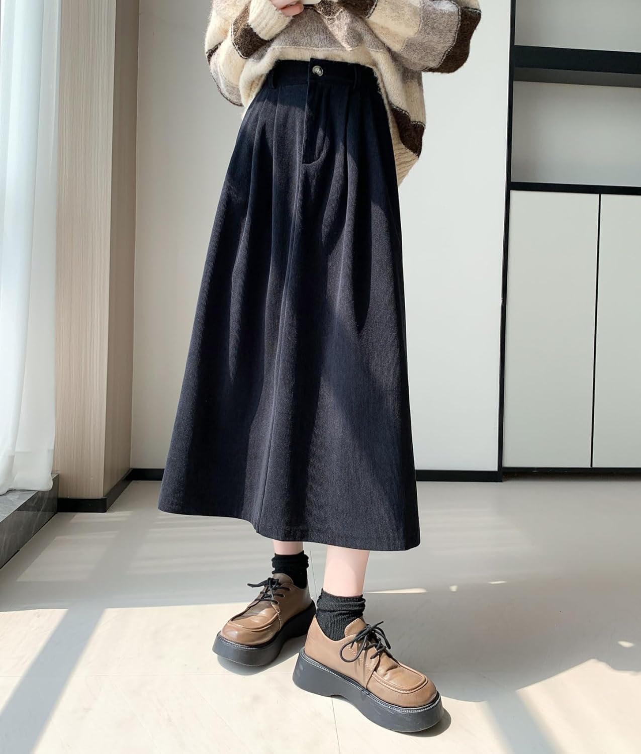 imagechouyatou Womens Vintage Corduroy A Line Skirt High Elastic Waist Pleated Swing Midi Long Skirt with PocketsBlack