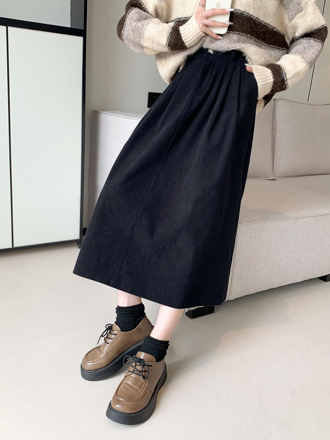 imagechouyatou Womens Vintage Corduroy A Line Skirt High Elastic Waist Pleated Swing Midi Long Skirt with PocketsBlack
