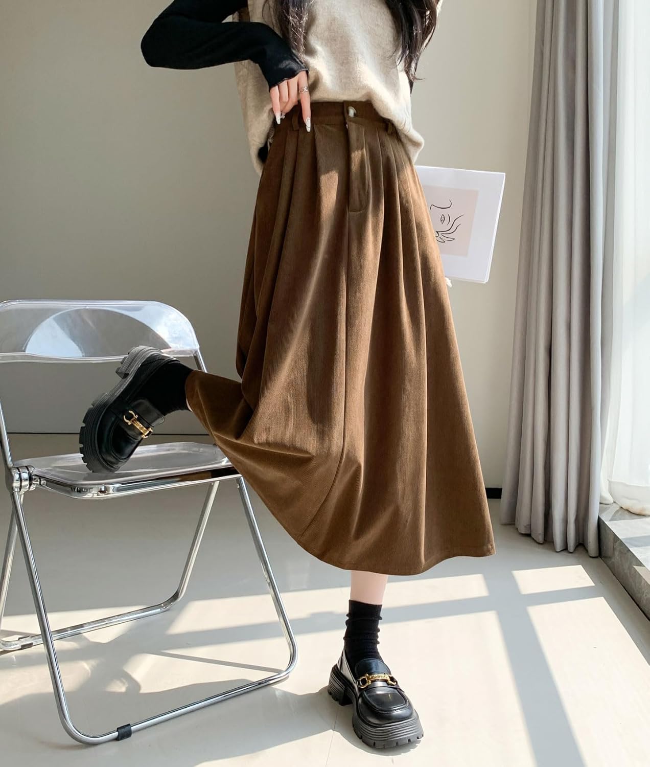 imagechouyatou Womens Vintage Corduroy A Line Skirt High Elastic Waist Pleated Swing Midi Long Skirt with PocketsBrown