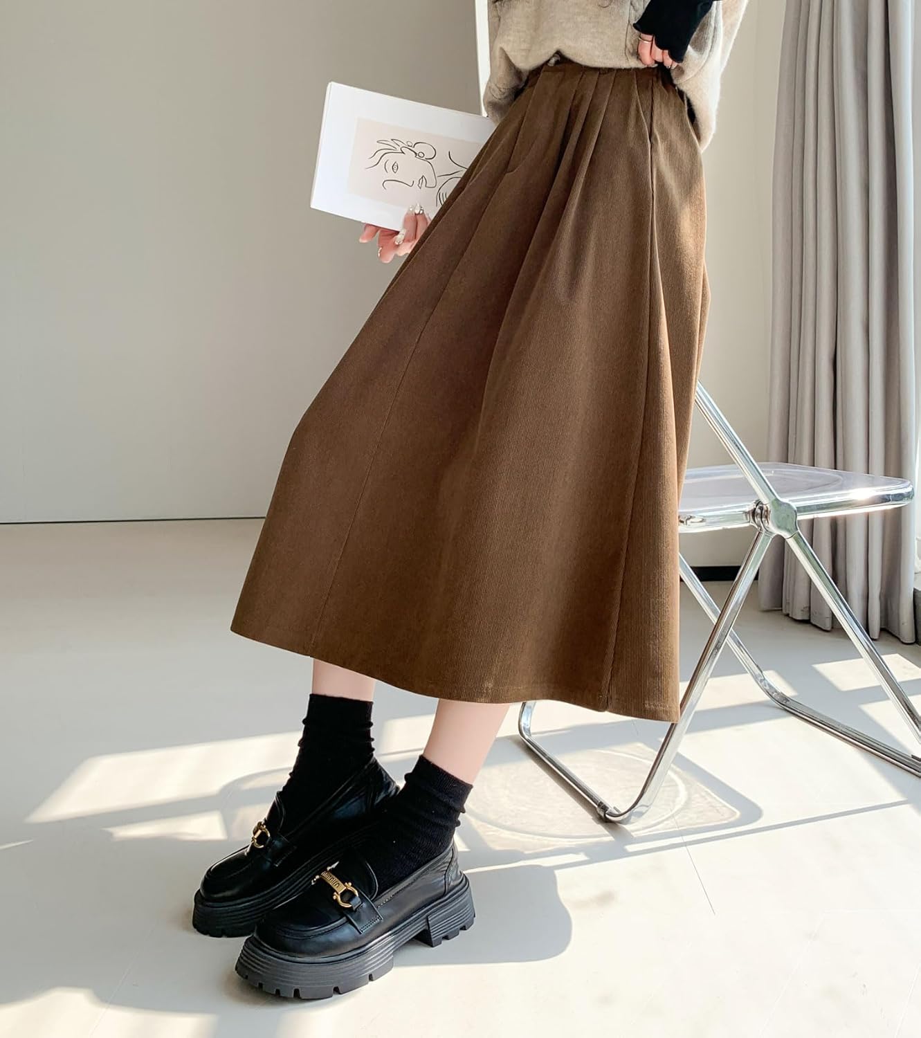 imagechouyatou Womens Vintage Corduroy A Line Skirt High Elastic Waist Pleated Swing Midi Long Skirt with PocketsBrown
