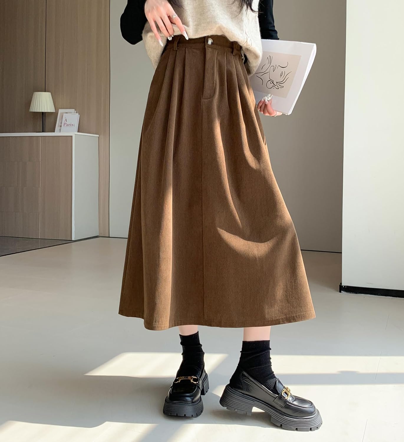 imagechouyatou Womens Vintage Corduroy A Line Skirt High Elastic Waist Pleated Swing Midi Long Skirt with PocketsBrown