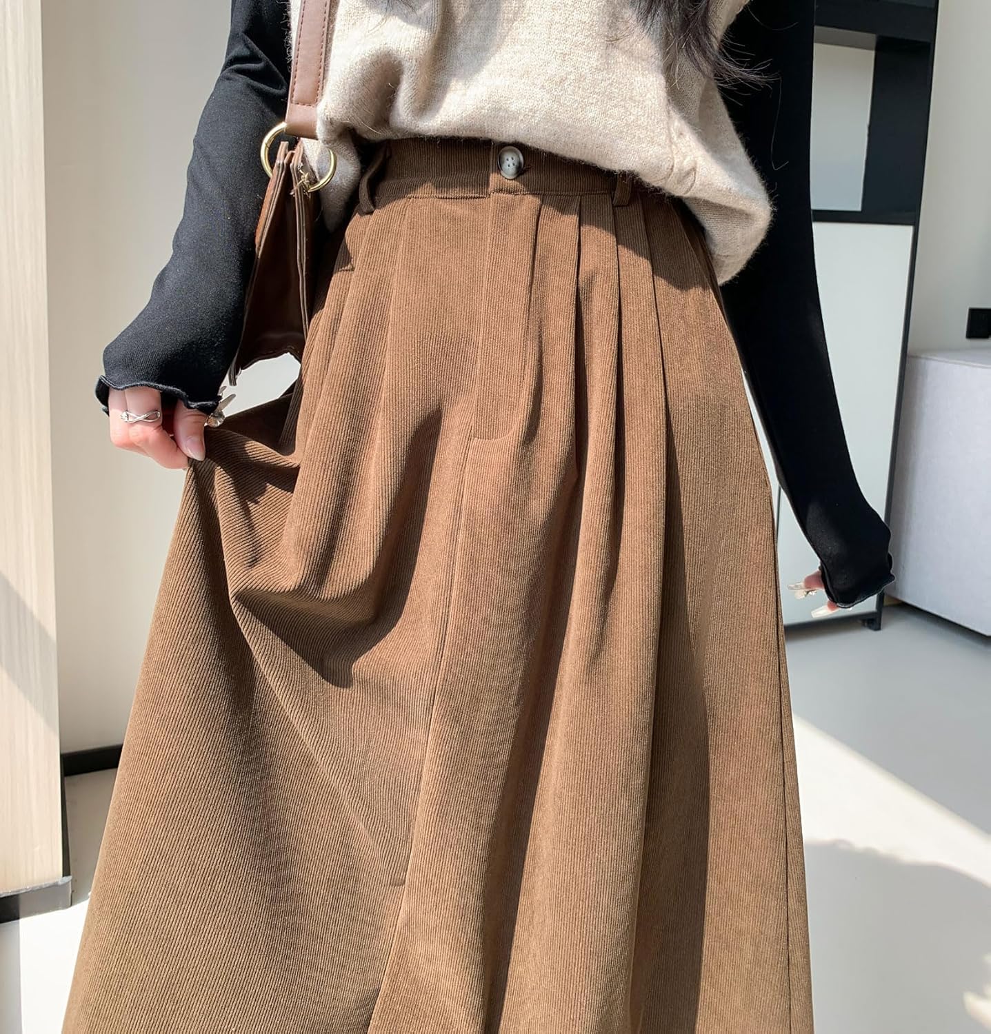 imagechouyatou Womens Vintage Corduroy A Line Skirt High Elastic Waist Pleated Swing Midi Long Skirt with PocketsBrown