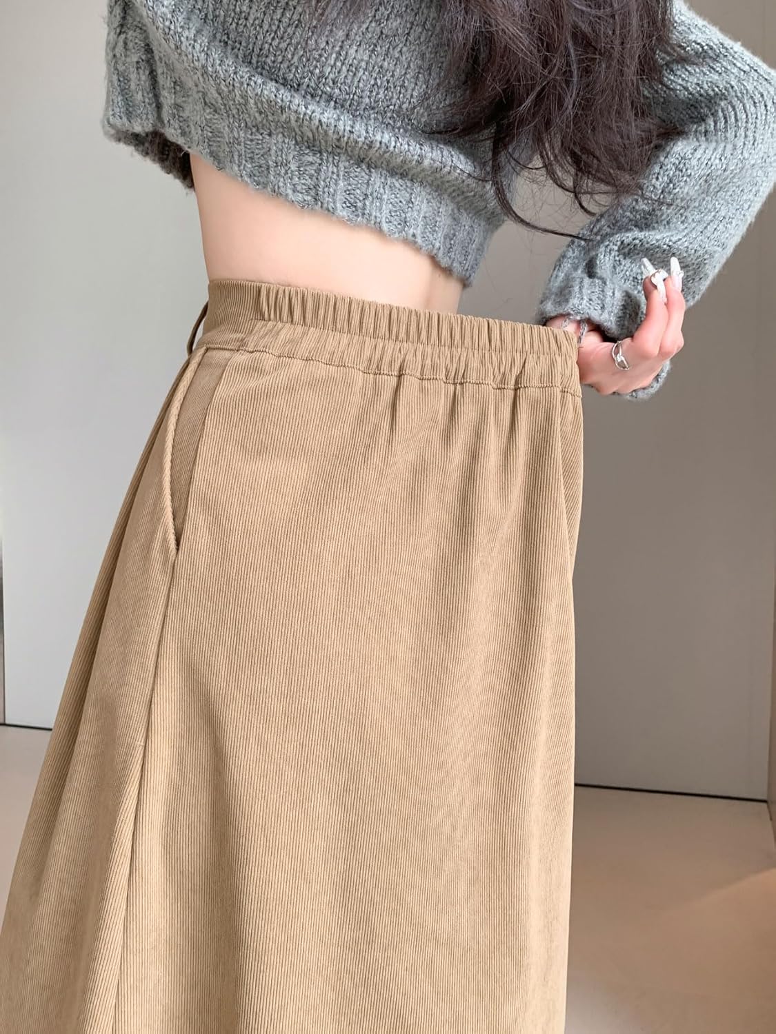 imagechouyatou Womens Vintage Corduroy A Line Skirt High Elastic Waist Pleated Swing Midi Long Skirt with PocketsKhaki