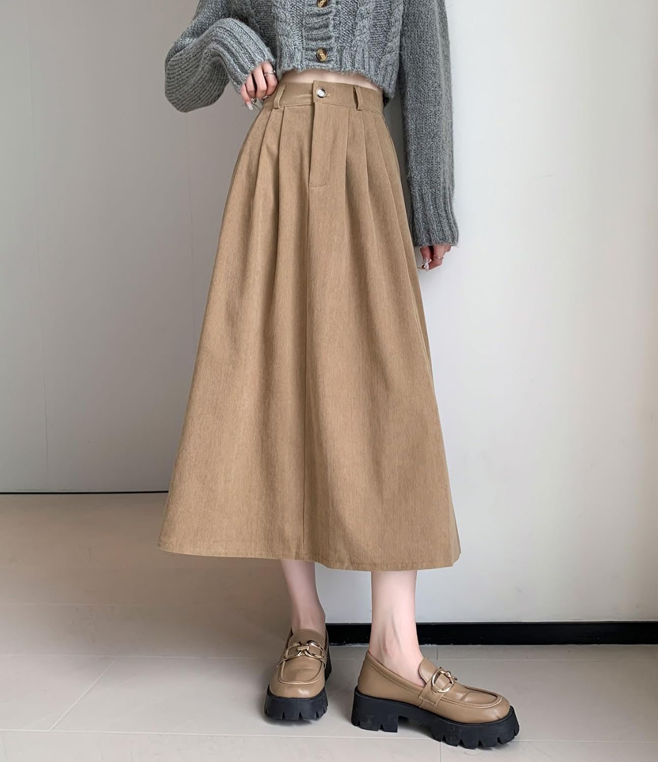 imagechouyatou Womens Vintage Corduroy A Line Skirt High Elastic Waist Pleated Swing Midi Long Skirt with PocketsKhaki