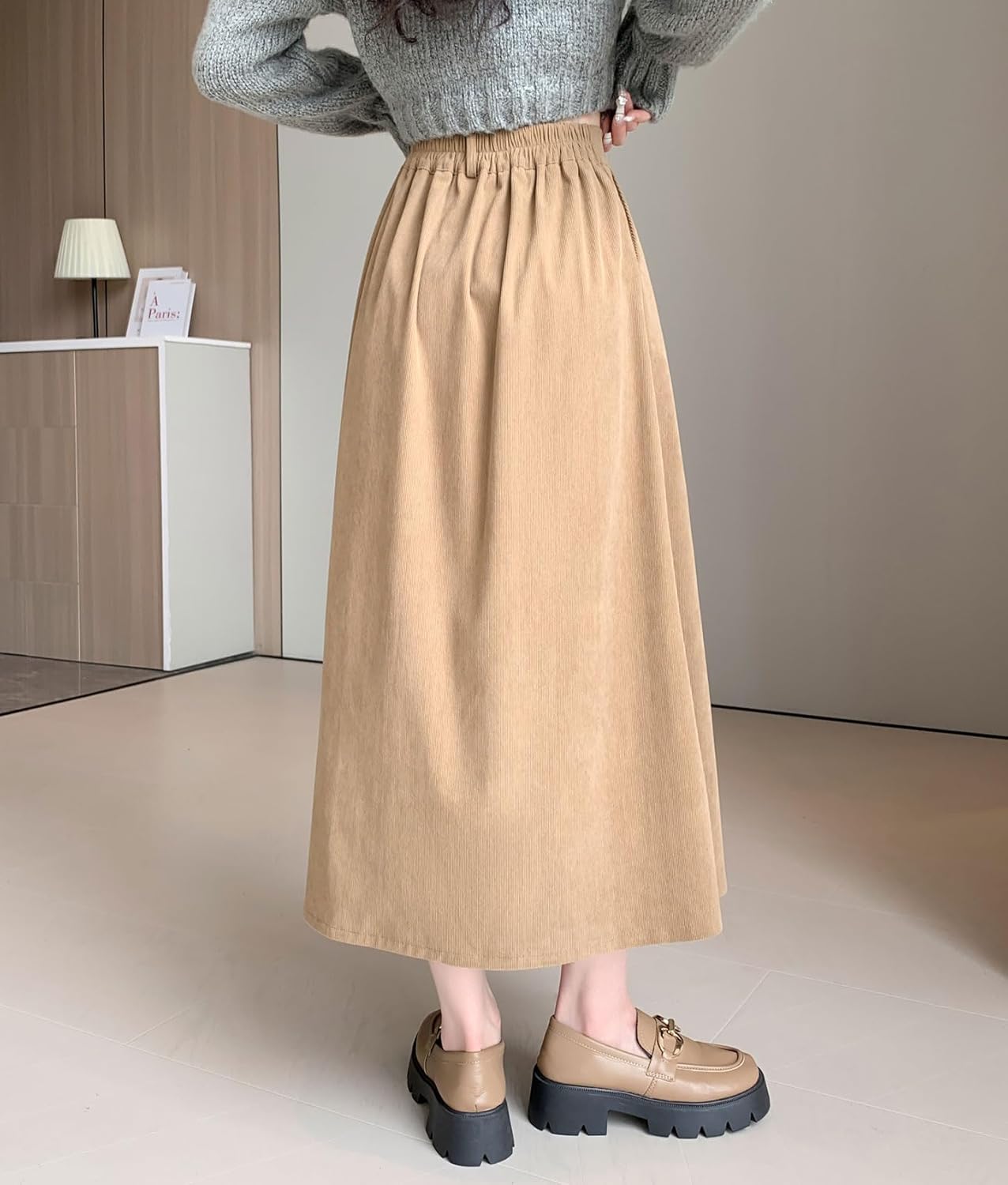 imagechouyatou Womens Vintage Corduroy A Line Skirt High Elastic Waist Pleated Swing Midi Long Skirt with PocketsKhaki