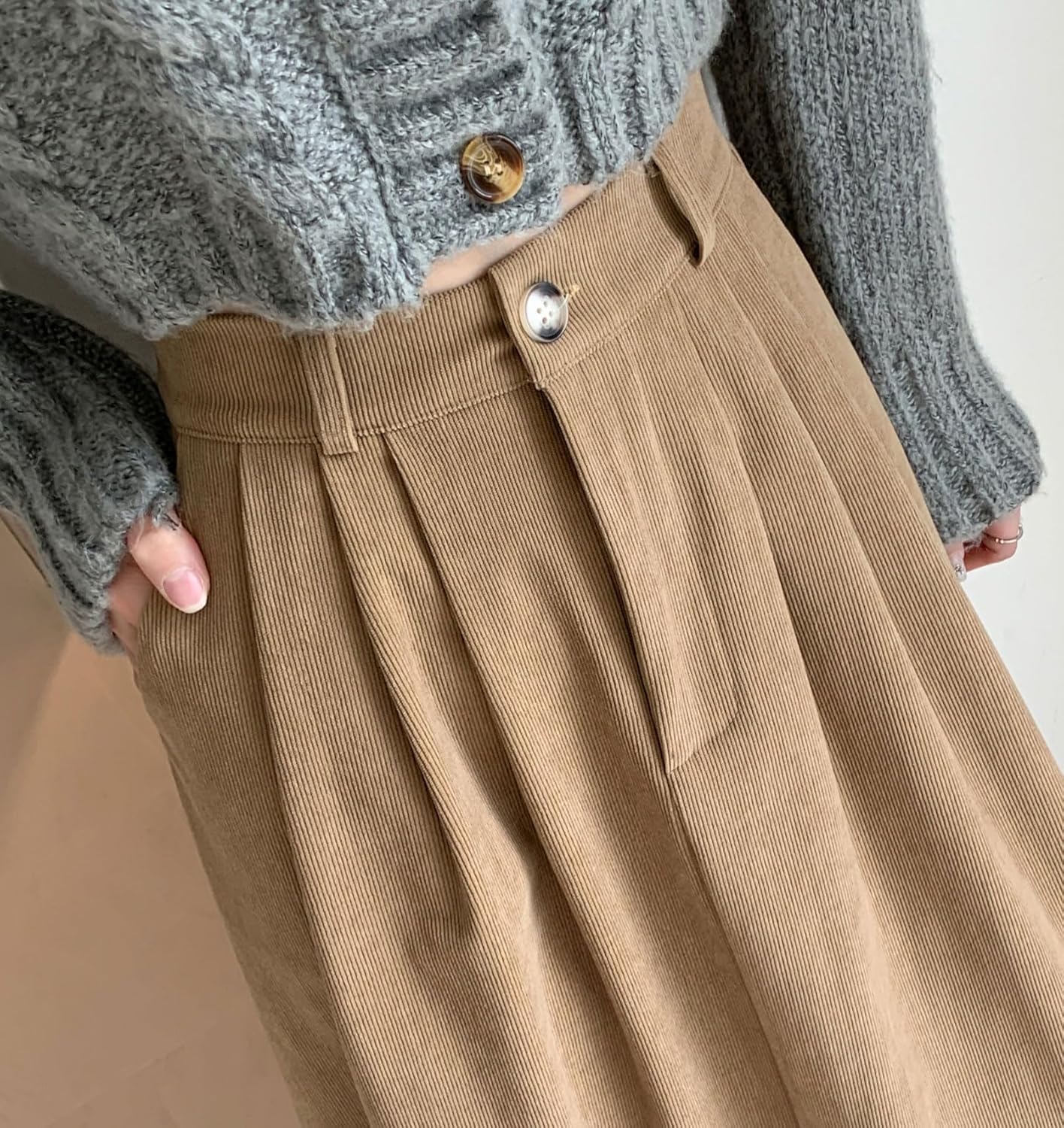 imagechouyatou Womens Vintage Corduroy A Line Skirt High Elastic Waist Pleated Swing Midi Long Skirt with PocketsKhaki