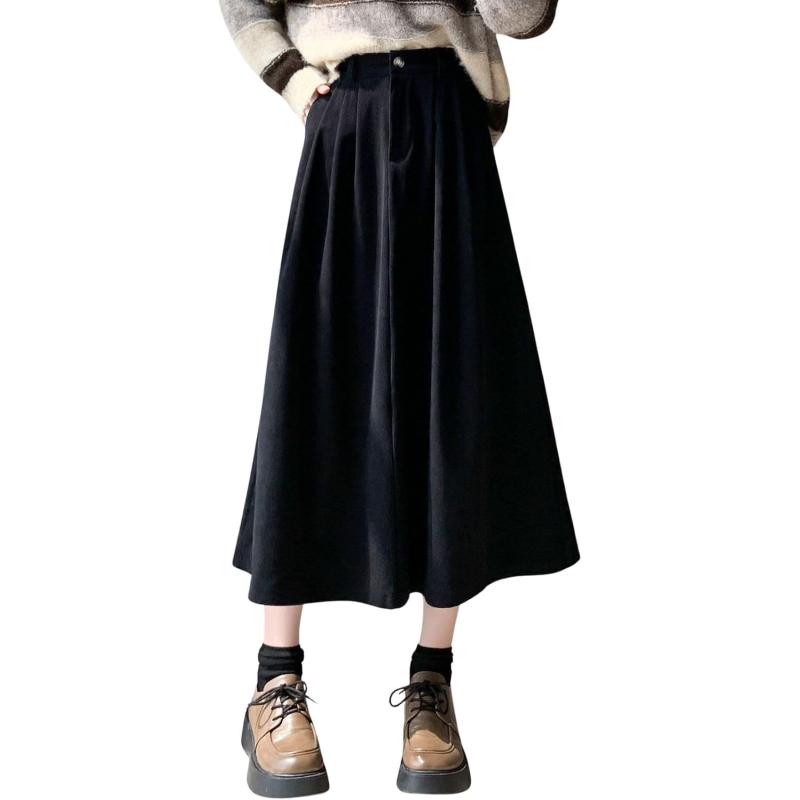 imagechouyatou Womens Vintage Corduroy A Line Skirt High Elastic Waist Pleated Swing Midi Long Skirt with PocketsBlack